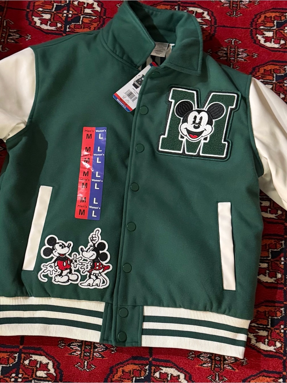 Disney Mickey Mouse Varsity Jacket Green Cream Unisex NWT Women L Men M